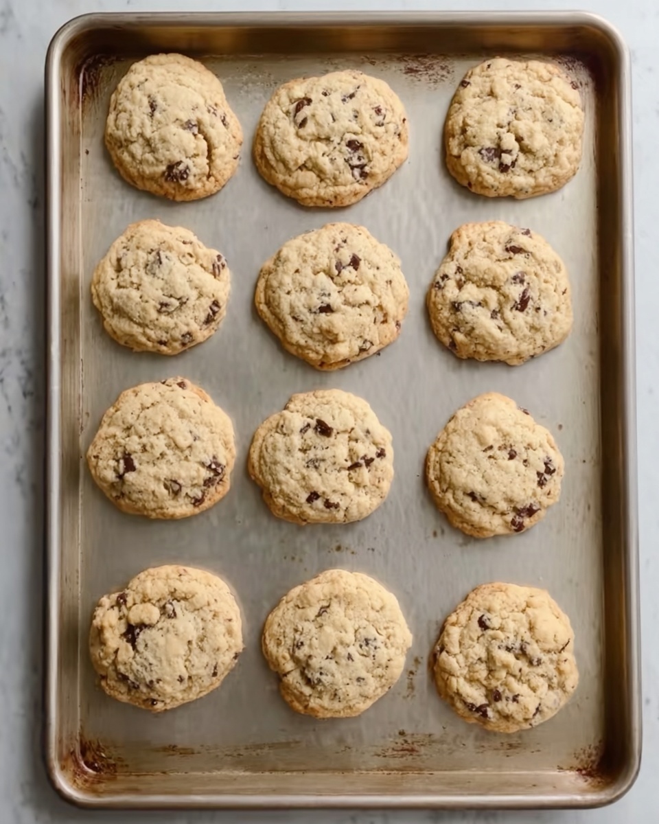 Twelve round cookies with uneven shapes and a light golden-brown color are placed on a large metal baking tray. The cookies have small dark brown chunks scattered throughout, making them look like chocolate chip cookies. The tray has a slightly worn look with some discoloration and a few marks. The background surface is a white marbled texture. The photo was taken with an iphone --ar 4:5 --v 7