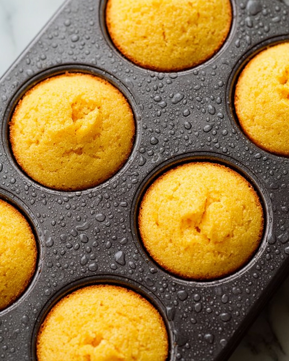 The image shows a close-up of a dark gray metal muffin tray holding six small cornbread muffins. Each muffin has a golden yellow color with a slightly crumbly texture and a light brown edge, fitting snugly in each cup. The tray has small water droplets all over its surface, creating a fresh look. The background is a white marbled texture. Photo taken with an iphone --ar 4:5 --v 7