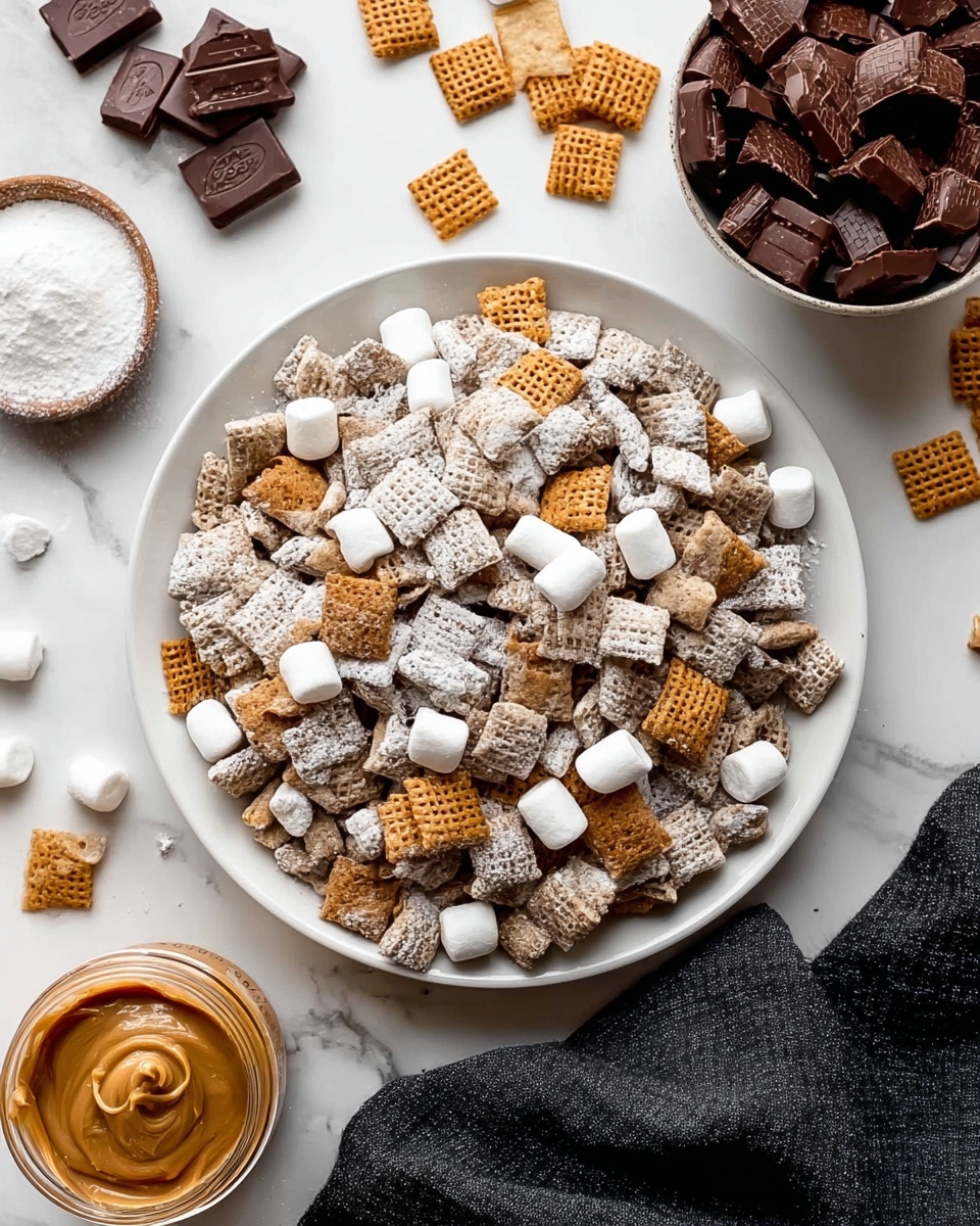 A white round plate is filled with a snack mix that has several layers: the main layer is small square pieces of cereal covered in white powder, scattered with small white marshmallows and square pieces of milk chocolate. On top, there are some light brown cereal squares evenly spread. Around the plate, there are chunks of chocolate, a bowl filled with chocolate pieces, and a jar with creamy peanut butter on a white marbled surface, with a dark cloth partially visible next to the plate; photo taken with an iphone --ar 4:5 --v 7