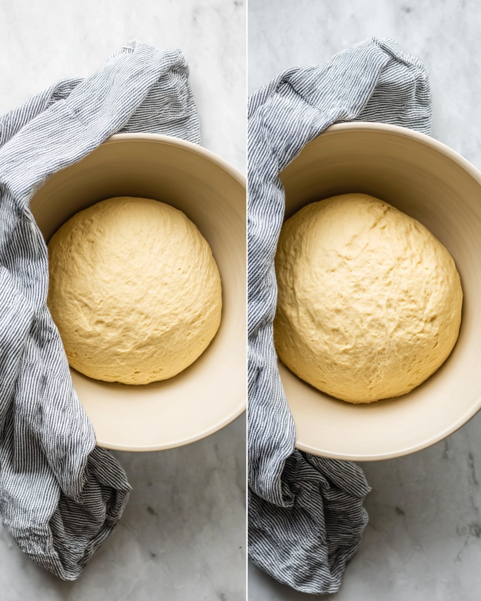 The image shows two side-by-side views of dough resting inside a large, white bowl with a smooth, light beige interior. The dough is pale yellow with a soft and slightly bumpy texture, appearing round and puffy in both images. A crumpled gray and white striped cloth is draped partially over the edge of the bowl, resting on a white marbled surface. The dough in the right bowl is visibly larger and risen more than the left one, showing a clear difference in size and texture between the two stages. Photo taken with an iphone --ar 4:5 --v 7