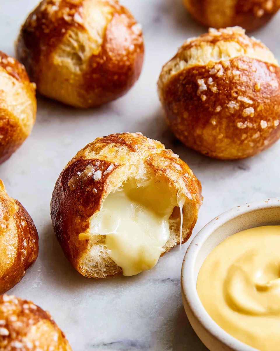 A close-up of a golden brown baked bread roll broken open to show its soft, fluffy inside filled with creamy, melted cheese that stretches slightly, creating thin cheese strands. The bread has a shiny crust with a few coarse salt grains on top. In the background, there is a white bowl with a light yellow creamy dip, all placed on a white marbled surface. Photo taken with an iphone --ar 4:5 --v 7