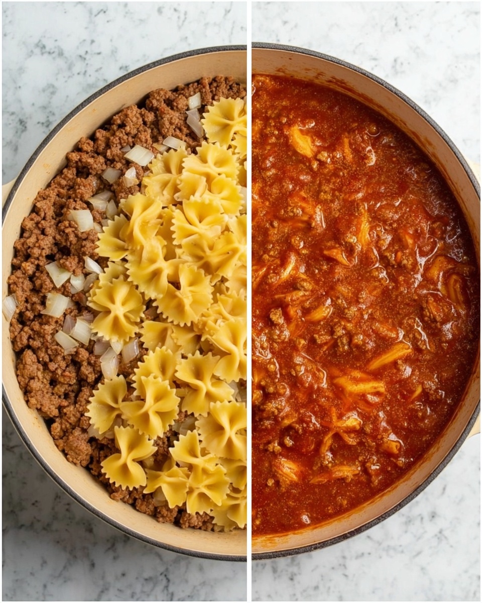 The image shows two views of a round cream-colored pot on a white marbled surface. The left side has a layer of cooked ground beef mixed with small bits of translucent white onion, filling the pot almost to the top. The right side shows the same pot filled with a thick red tomato sauce, with a layer of dry yellow bowtie pasta spread over the sauce. The sauce looks rich and smooth, slightly bubbling near the edges. photo taken with an iphone --ar 4:5 --v 7
