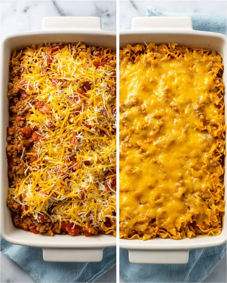 The image shows two stages of a layered dish in a white ceramic square baking dish. On the left, the dish is filled with visible layers of pasta, ground meat mixed with diced tomatoes, and topped with a thick layer of shredded yellow cheddar cheese scattered evenly over the surface. On the right, the same dish is shown after baking, with the cheese melted into a smooth, golden layer that covers the textured mixture of pasta and meat, creating a warm, slightly bubbly top. The dish rests on a white marbled surface with a light blue cloth underneath, emphasizing the warm tones of the baked layers. Photo taken with an iphone --ar 4:5 --v 7