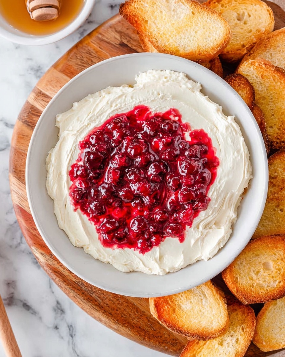 A white plate holds a two-layer spread, with the bottom layer thick and creamy white, spread evenly across the plate. On top is a bright red, chunky berry sauce with visible pieces of berries, centralized in a circular shape, slightly blending into the white cream around the edges. The plate is placed on a wooden cutting board, surrounded by slices of toasted bread with a golden brown crust. There is also a white bowl with honey and a wooden honey dipper visible nearby, all set on a white marbled surface. photo taken with an iphone --ar 4:5 --v 7