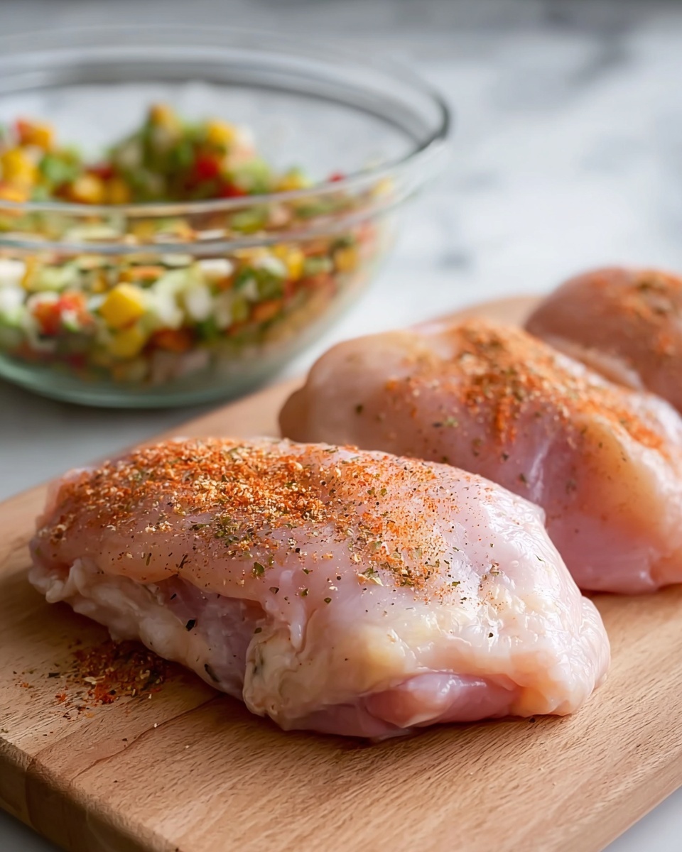 The image shows two raw chicken pieces with a light pink color, placed on a wooden board. Each piece is lightly coated with a reddish-brown spice mix and some black pepper spreads on the surface. In the background, there is a clear glass bowl filled with a mixture of chopped vegetables or herbs that appear green, yellow, and red. The scene is set on a white marbled surface. Photo taken with an iphone --ar 4:5 --v 7