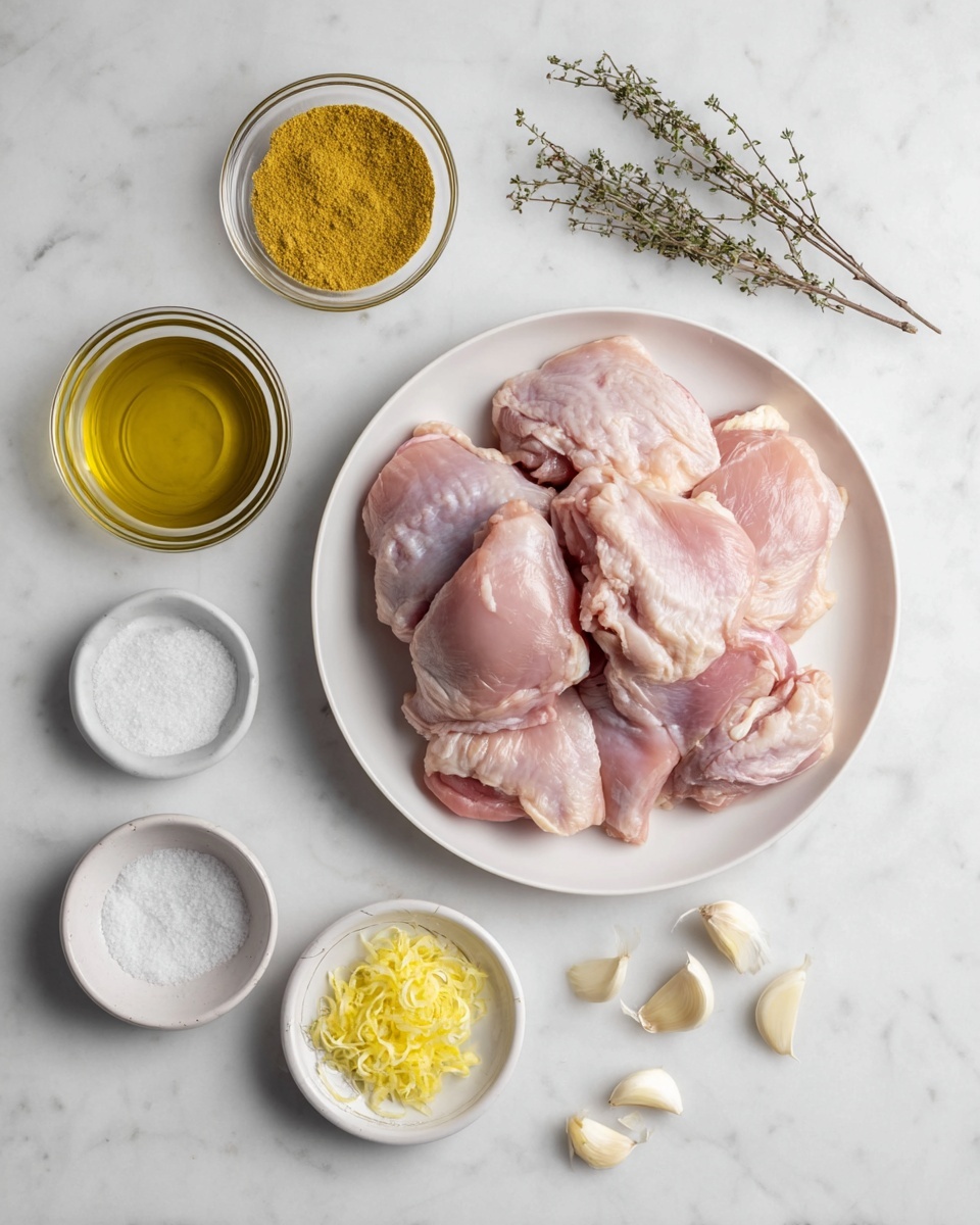 A white plate filled with raw pink chicken thighs is placed on a white marbled surface. To the right of the plate, there is a small clear glass bowl of yellow mustard and two sprigs of dried green herbs. Below the mustard, a small clear glass bowl contains golden olive oil. Near the bottom right corner, several peeled garlic cloves lie scattered. Below the plate, a small clear glass bowl holds bright yellow lemon zest, next to a small clear glass bowl of coarse white salt. A small empty white bowl is placed to the left of the salt. The photo taken with an iphone --ar 4:5 --v 7