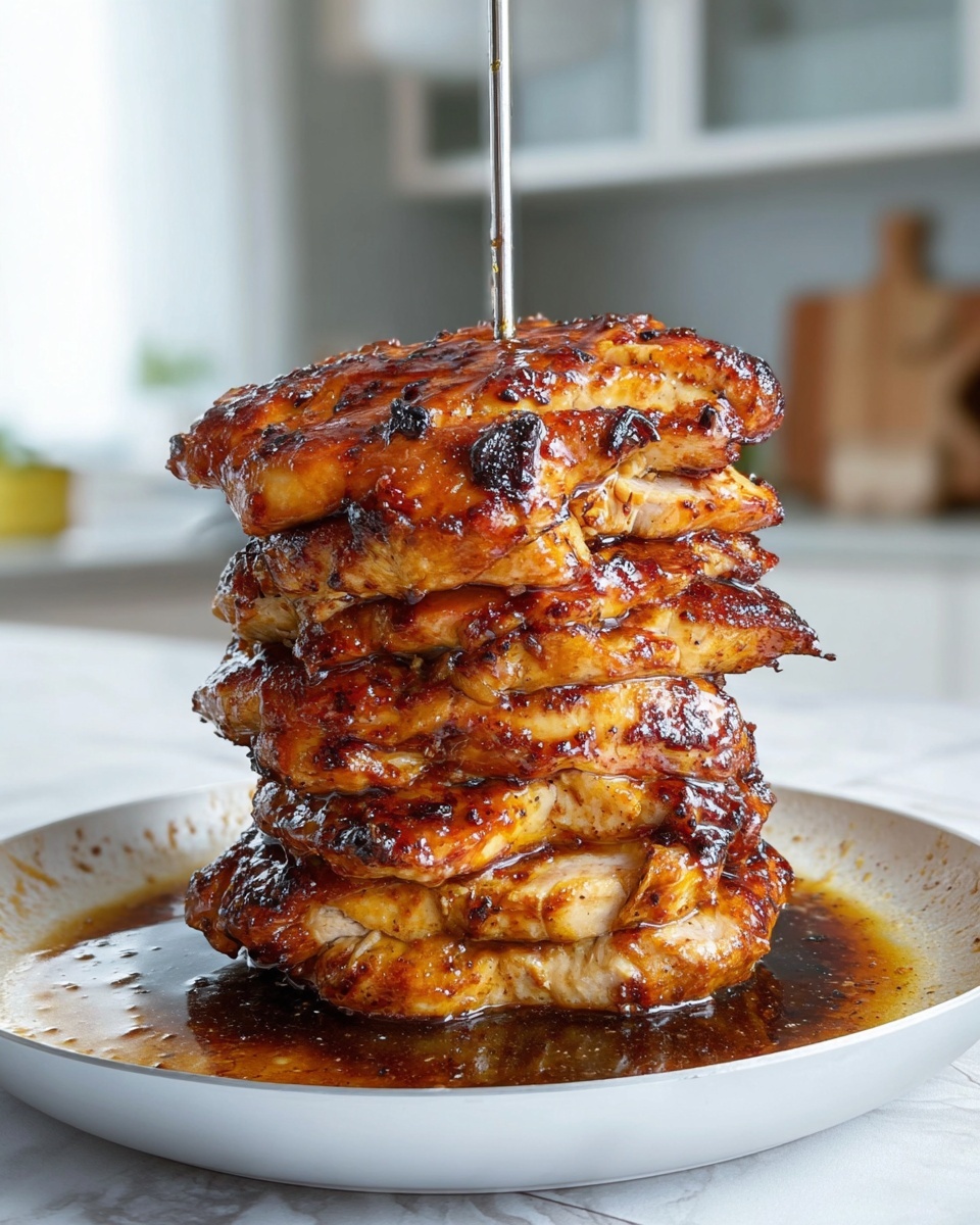 A tall stack of cooked meat slices is arranged on a metal skewer in the middle of a shallow silver pan filled with brown sauce. The meat layers vary in color from light golden brown to dark crispy edges, showing a juicy and slightly charred texture. A spoon held by a woman's hand is pouring more sauce over the top piece, with the sauce flowing down its uneven surface. The background is a white marbled texture. photo taken with an iphone --ar 4:5 --v 7
