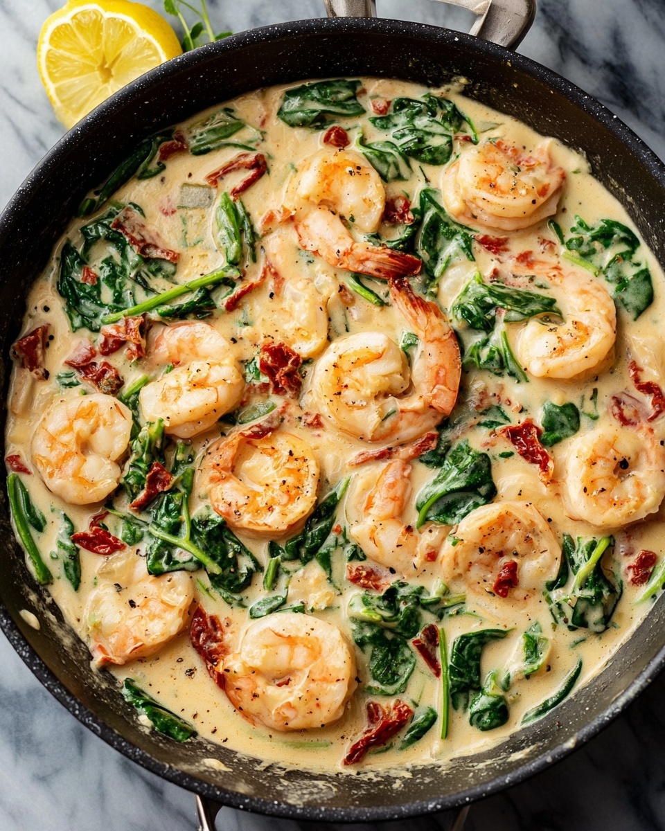 The dish shows many large orange shrimp spread evenly in a thick creamy white sauce that fills the entire frame. Mixed throughout the sauce are dark green spinach leaves and small pieces of red sun-dried tomatoes, adding contrast and texture. Tiny specks of black pepper and herbs are visible scattered on the shrimp and sauce. The cream base is smooth and rich, making the shrimp and vegetables stand out with their different colors and shapes. The background is a white marbled texture photo taken with an iphone --ar 4:5 --v 7