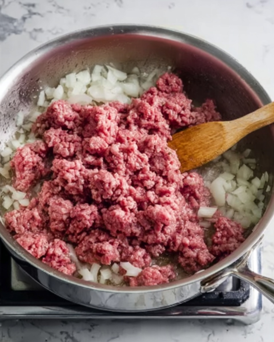 The image shows a stainless steel pan on a stove with finely chopped white onions at the bottom and raw ground meat placed on top, covering most of the onions. A wooden spoon is stirring or spreading the meat in the pan. The background is a white marbled texture. photo taken with an iphone --ar 4:5 --v 7