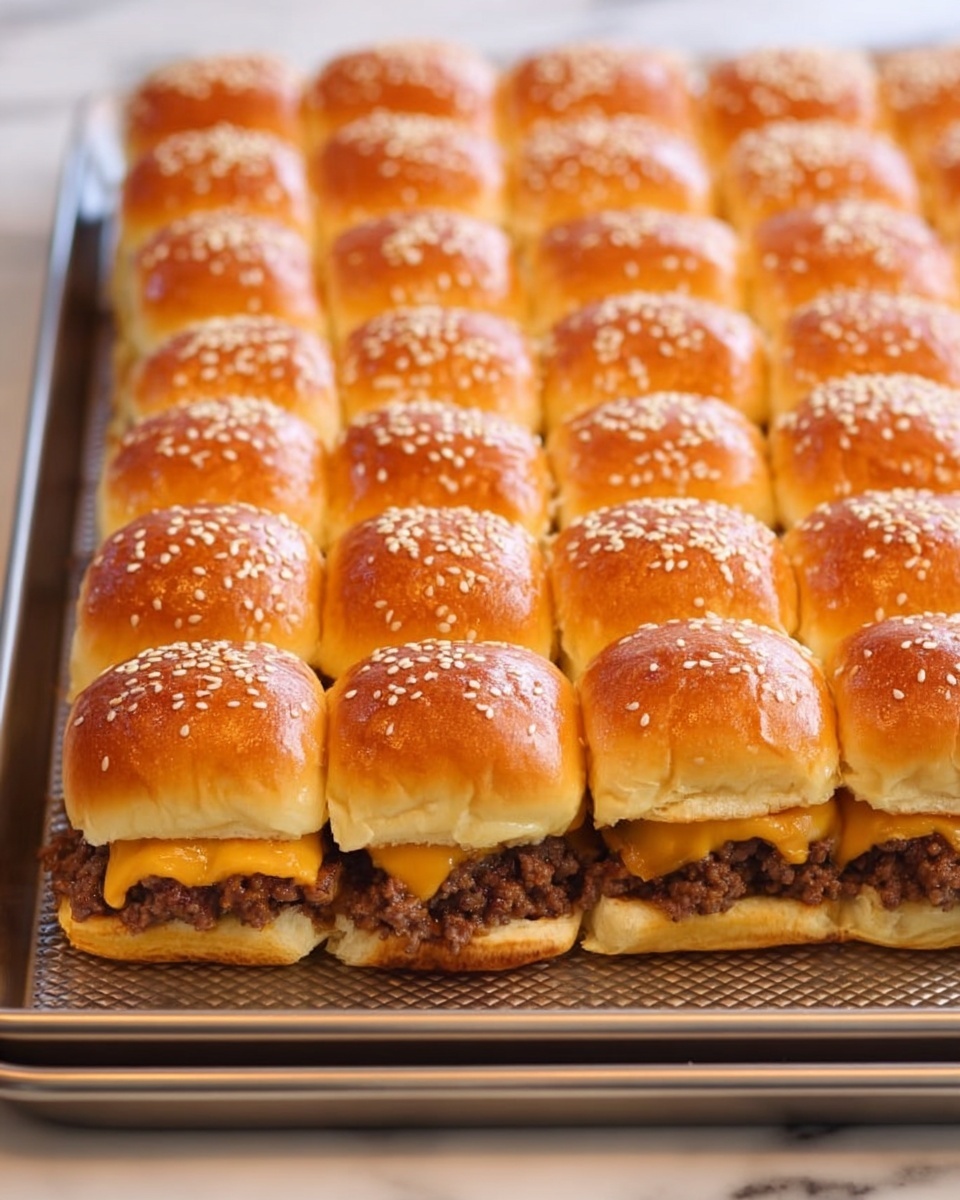 The image shows a tray of 24 slider sandwiches arranged in 4 rows and 6 columns. Each slider has a shiny golden-brown top bun sprinkled with white sesame seeds. The buns have a smooth, slightly rounded texture, and the edges touch each other, forming a soft grid. Between the top and bottom buns, there is a thick, dark brown layer of cooked ground beef mixed with melted yellow cheese that is slightly oozing out. The bottom buns are also golden brown and soft. The sliders are placed on a metallic tray with a textured pattern, set on a white marbled surface. photo taken with an iphone --ar 4:5 --v 7