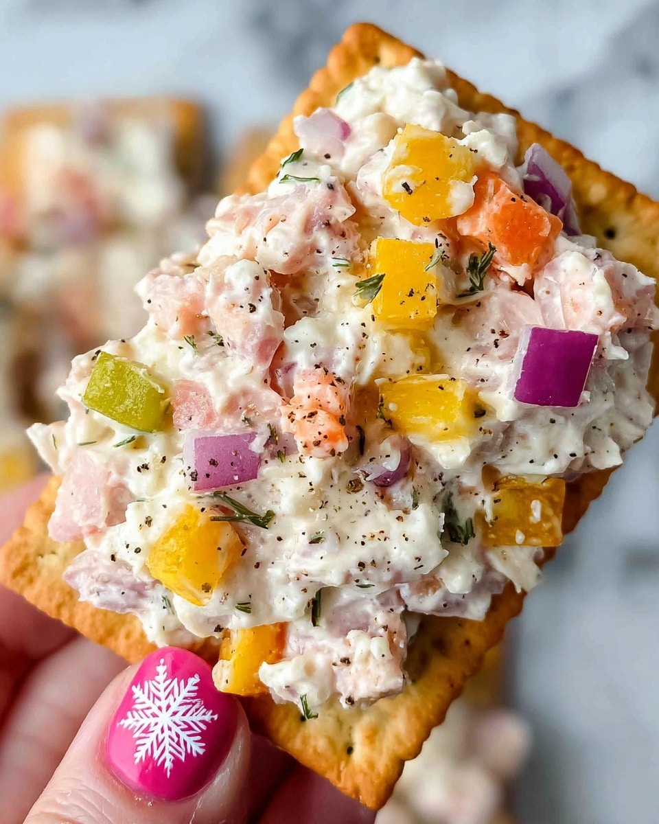 The image shows a close-up of a creamy salad with several layers mixed together. The salad has chunks of light pink ham, creamy white cheese pieces, and small bright red tomato pieces. The creamy dressing is light beige and thick, coating all the ingredients. There are also small bits of light yellow and white mixed in the layers. The salad is sprinkled with black pepper and tiny green herb flakes all over. The salad sits in a clear glass dish on a white marbled surface. Photo taken with an iphone --ar 4:5 --v 7