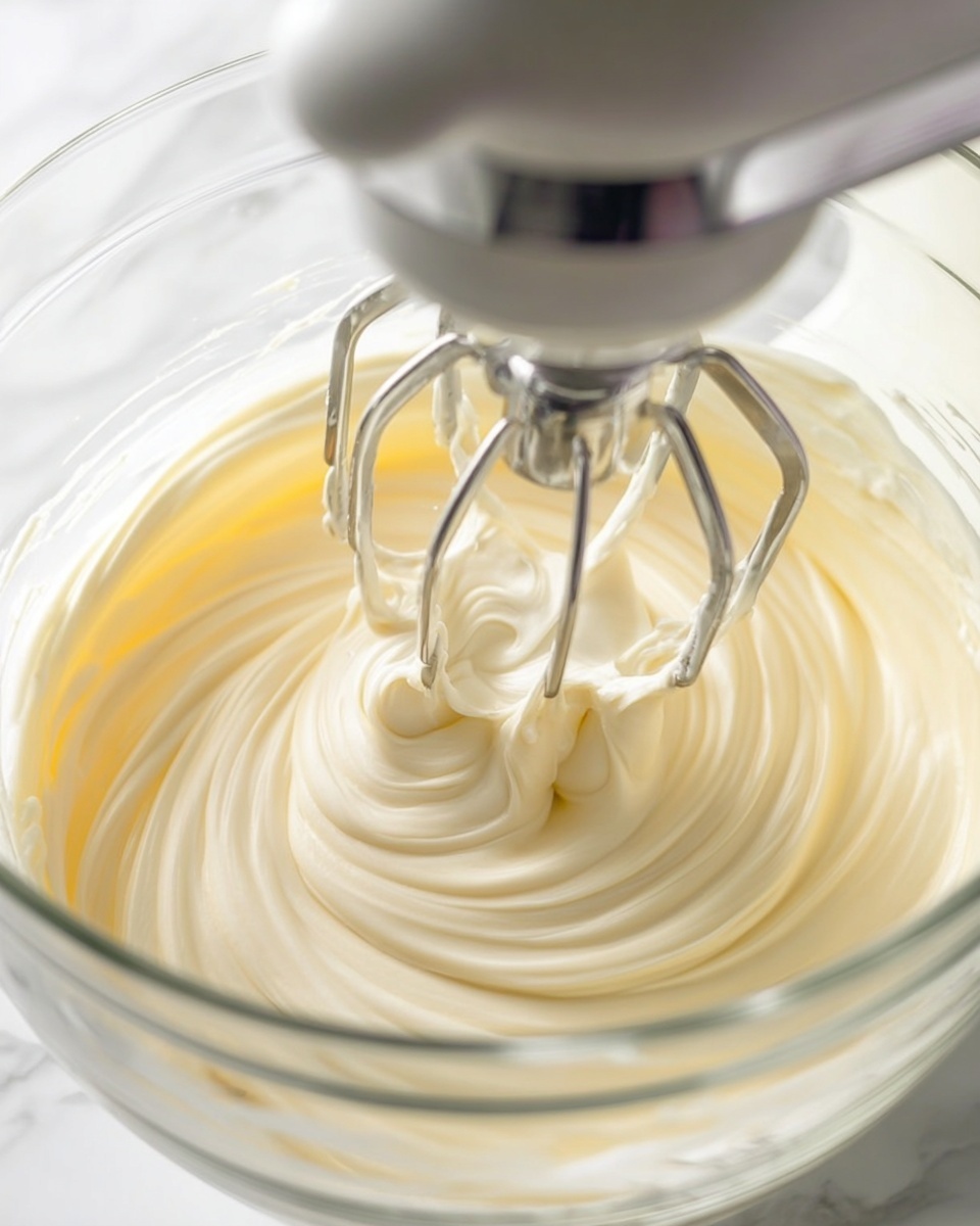 A close-up view of a glass mixing bowl attached to a white electric mixer with metal beaters spinning in smooth, creamy, light yellow batter. The thick batter swirls around the beaters, showing a soft and rich texture inside the clear bowl. The background is a white marbled texture. Photo taken with an iphone --ar 4:5 --v 7