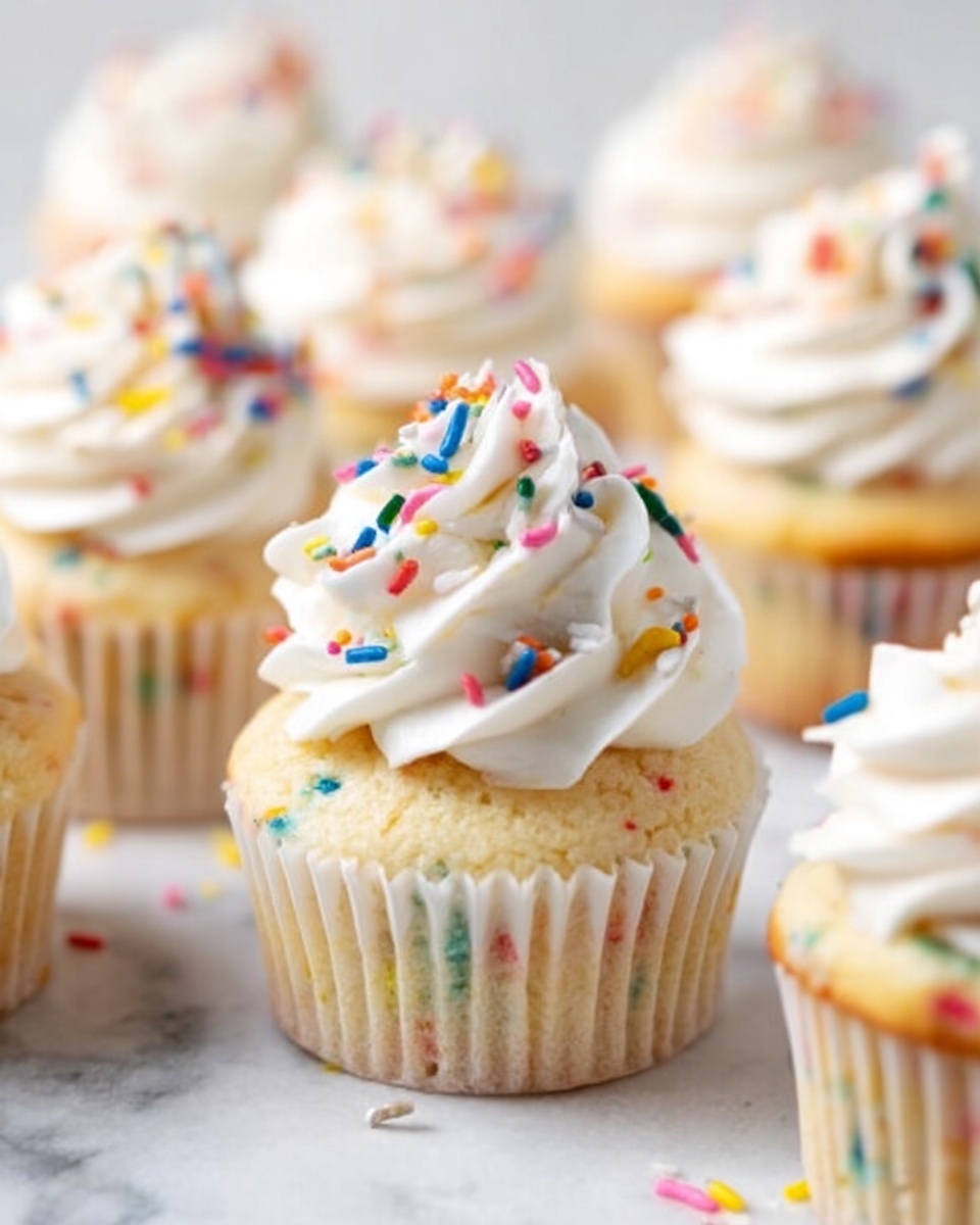 The image shows a funfetti cupcake with two visible layers: the bottom layer is the cupcake itself, light yellow in color with bright rainbow sprinkles baked inside, and the top layer is thick, fluffy white frosting crowned with colorful round and rod-shaped sprinkles. The cupcake is partly unwrapped from its white liner, which sits on a white marbled surface. The background is softly blurred with neutral tones, giving focus to the cupcake. photo taken with an iphone --ar 4:5 --v 7