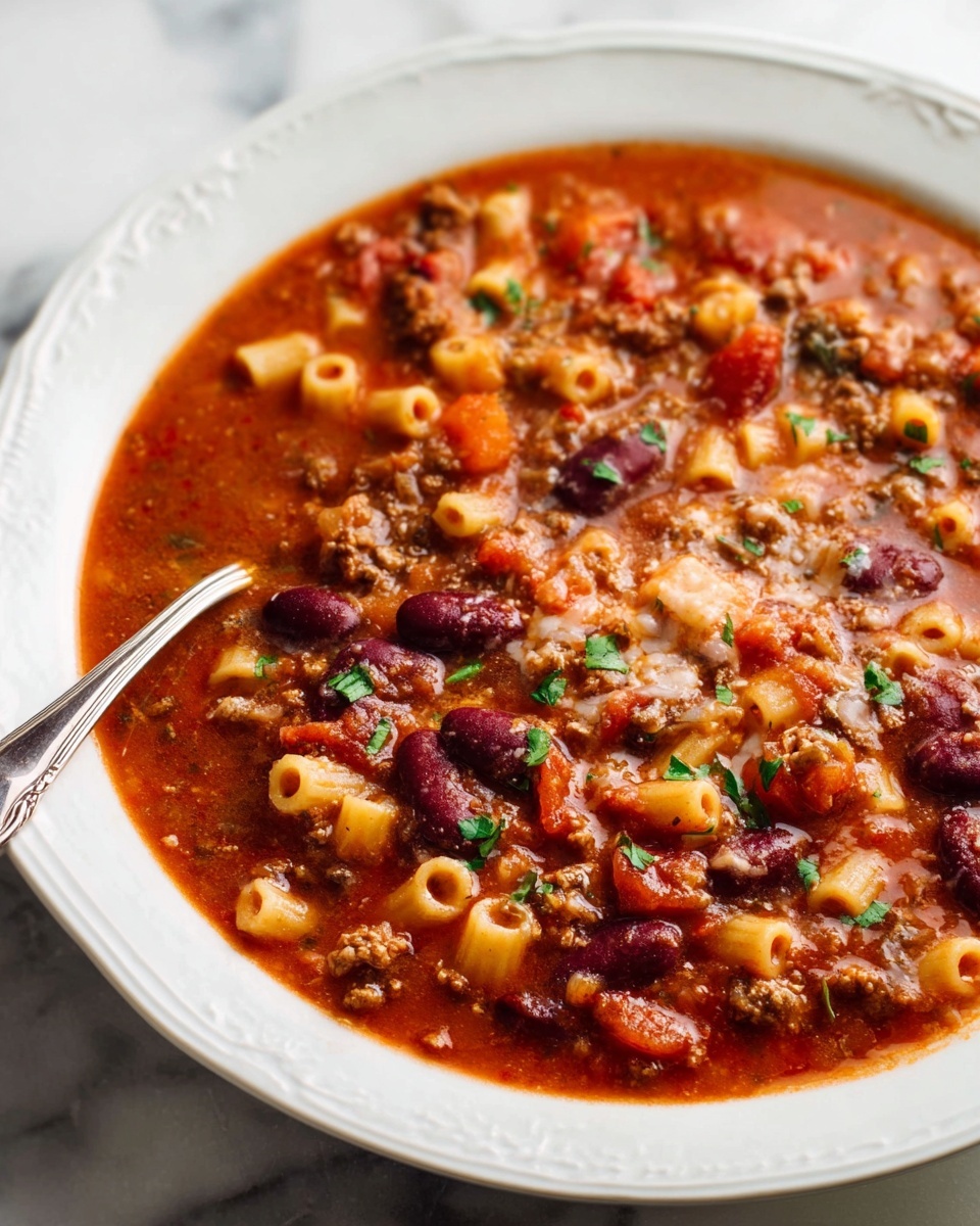 A close-up view of a deep white bowl filled with a thick, chunky red soup that has small pasta tubes, dark red kidney beans, and ground meat. The soup is garnished with small green herb pieces scattered on top. A silver spoon is partially dipped into the soup on the left side of the bowl. The bowl sits on a white marbled surface. photo taken with an iphone --ar 4:5 --v 7