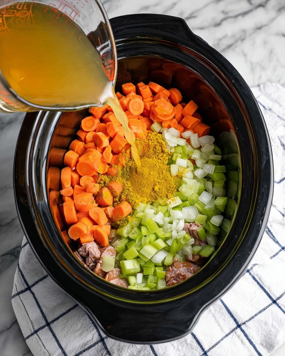A black slow cooker filled with a layer of raw diced orange carrots scattered unevenly, bright green chopped celery pieces, and small pale white onion chunks. At the center, there is a heap of yellow turmeric powder and some minced garlic over raw meat pieces. A glass measuring cup pours light golden broth over the mixture. The slow cooker rests on a white marbled surface with a white cloth featuring blue grid lines on the lower left side. Photo taken with an iphone --ar 4:5 --v 7