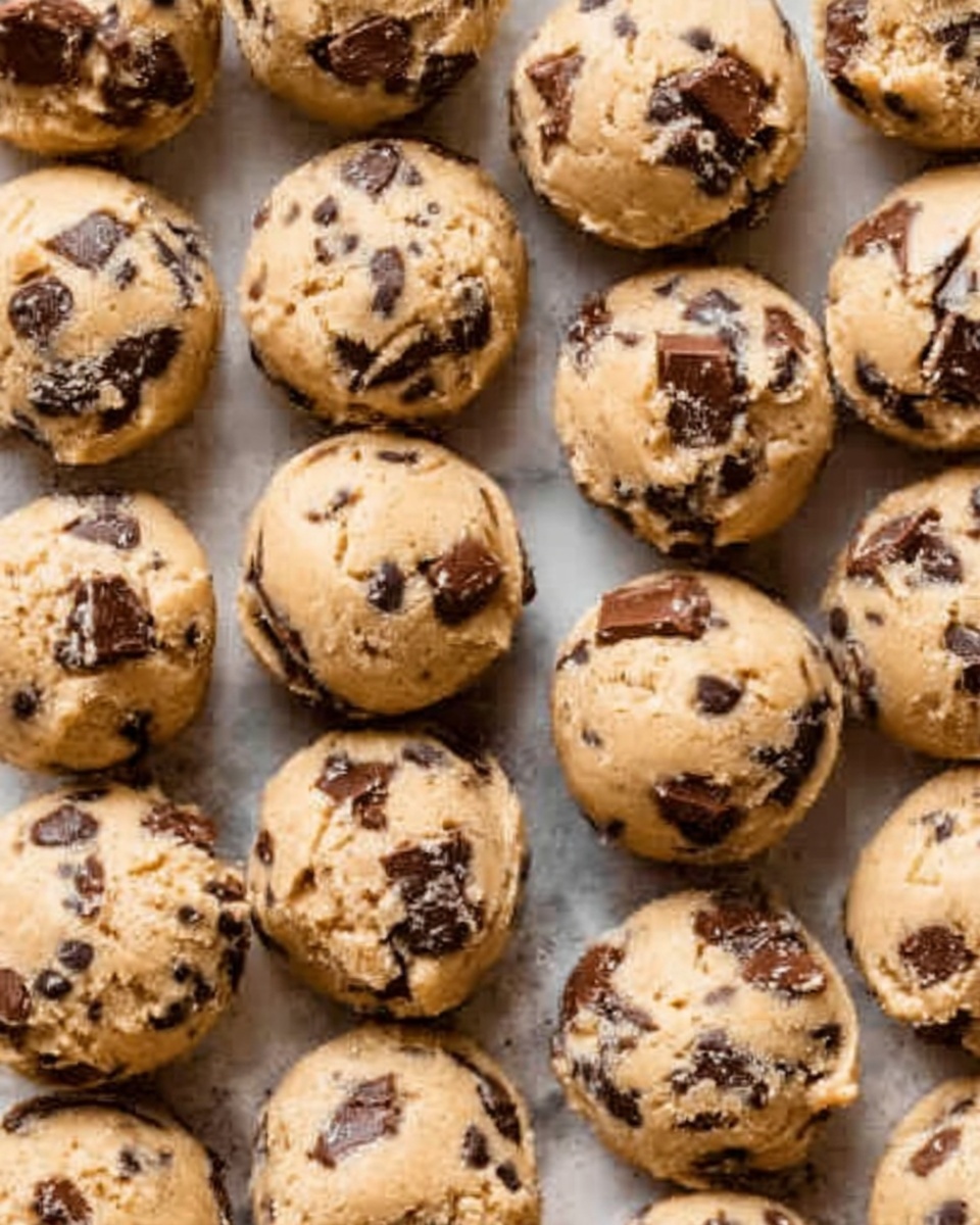 The image shows many round chocolate chip cookie dough balls closely placed together on a white marbled surface. Each dough ball is light tan with rough textures, filled with uneven dark brown chunks of chocolate spilling out slightly. The cookie dough balls appear soft and thick with visible small cracks and spots of syrup or glaze on some. They are evenly spaced, covering the entire surface, giving a dense and appealing look. Photo taken with an iphone --ar 4:5 --v 7