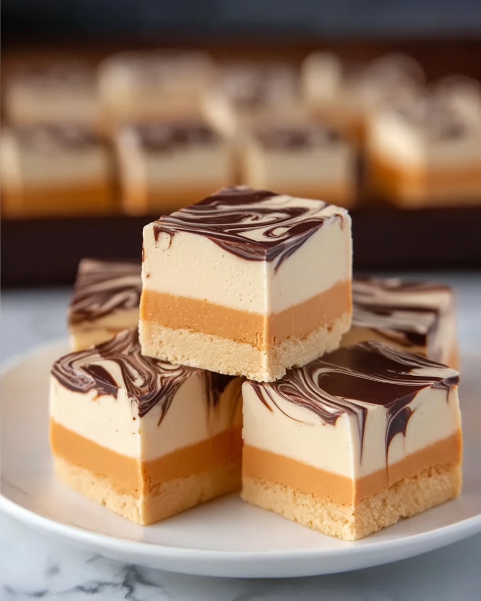 The image shows small square dessert pieces stacked on a white plate with a white marbled surface underneath. Each piece has two smooth layers: a light cream layer on top and a thicker light orange layer below. The top of each square is decorated with dark chocolate swirls that add a shiny and rich texture. In the background, there are more dessert pieces blurred and arranged evenly on a dark tray. Photo taken with an iphone --ar 4:5 --v 7