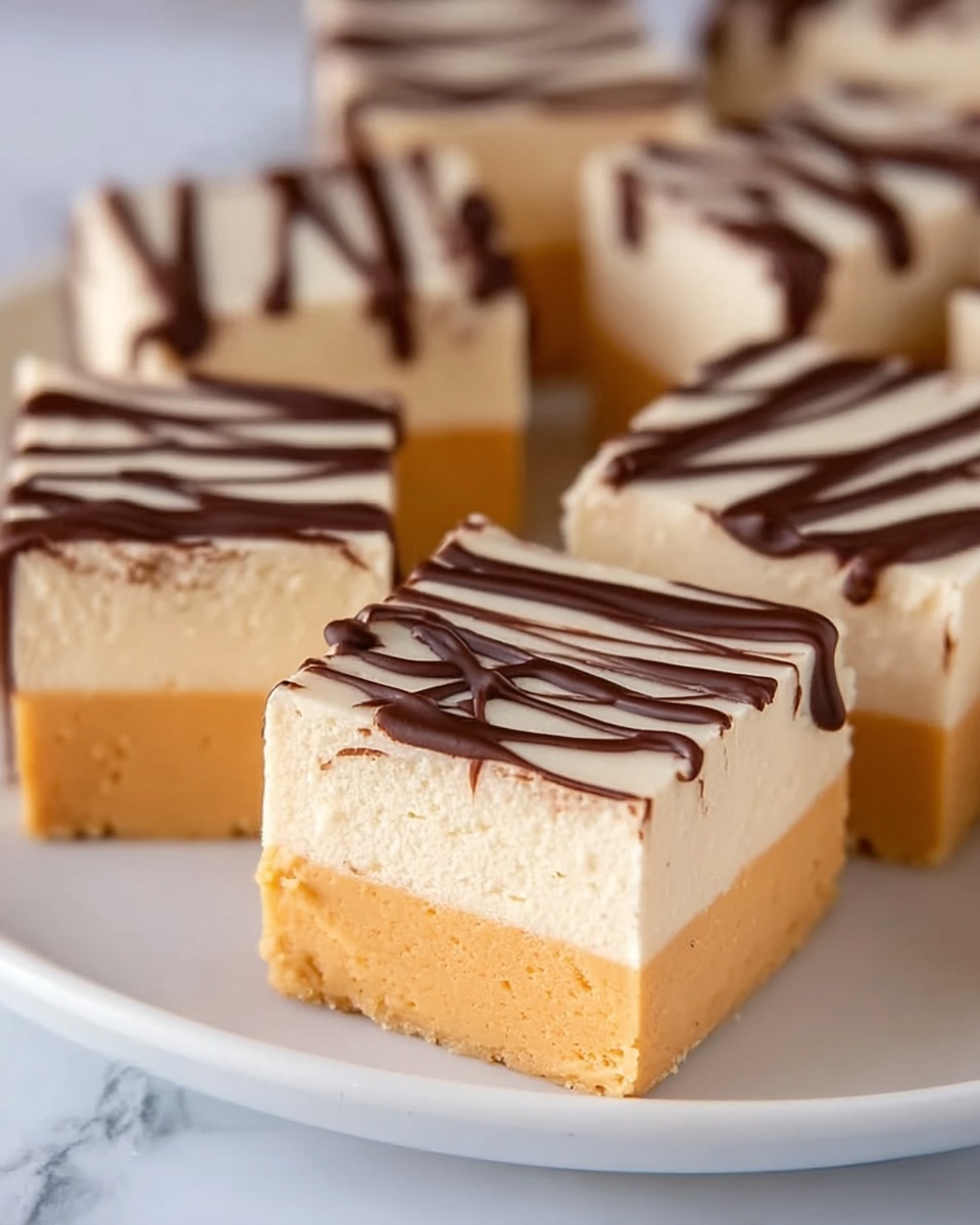 The image shows small square dessert pieces arranged neatly on a white plate. Each piece has two layers: the bottom layer is a smooth light orange color with a soft texture, and the top layer is a creamy pale beige with a slightly firmer look. Dark brown chocolate lines are drizzled in a wavy pattern across the top layer, adding contrast and decoration. The plate rests on a white marbled surface, and the focus is sharp on the front dessert piece, showing the clean edges and smooth layers clearly. photo taken with an iphone --ar 4:5 --v 7