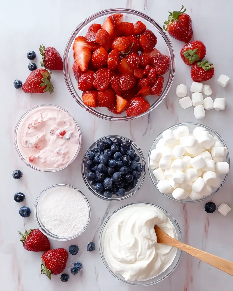 The image shows six clear glass bowls arranged on a white marbled surface. The largest bowl in the center is filled with bright red strawberries, some whole and some sliced. To the left of it, a smaller bowl holds dark blue blueberries. Above the blueberries, another bowl contains light pink yogurt with some visible berry bits. To the right of the yogurt, there's a bowl packed with small white marshmallows. At the bottom right, a bowl filled with fluffy white cream has a wooden spoon resting inside. Below the blueberries, a small bowl holds white powdered sugar. Scattered around the bowls are halved strawberries, whole blueberries, and marshmallows, adding color and variety. Photo taken with an iphone --ar 4:5 --v 7