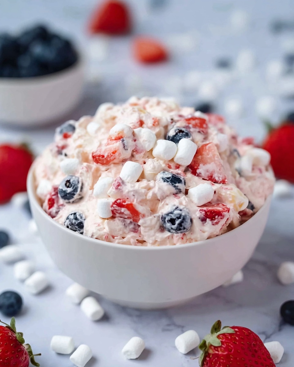 A white bowl is filled with a mix of creamy, pale pink whipped cream layered with blueberries, bright red strawberries, and small white mini marshmallows scattered throughout. The fruit pieces and marshmallows are evenly mixed, creating a textured and colorful look. The bowl sits on a white marbled surface with some scattered mini marshmallows and strawberries around it. In the background, there is a white bowl with dark blueberries, slightly out of focus. The overall look is fresh, soft, and inviting. photo taken with an iphone --ar 4:5 --v 7