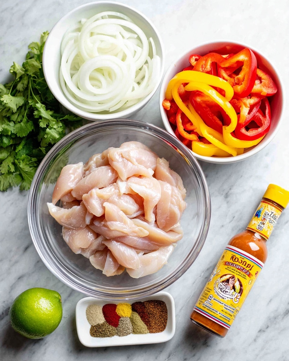 A clear glass bowl in the center holds raw light pink chicken strips. Behind it, there are two white bowls; one with thin white onion rings on the left and another on the right with red and yellow bell pepper slices. Near the bottom left, there is fresh green cilantro and a whole green lime. Below the glass bowl, a small white dish contains a variety of spices with colors like light tan, dark brown, chili red, and green. On the bottom right, a bottle of hot sauce with a yellow and red label sits on a white marbled surface. Photo taken with an iphone --ar 4:5 --v 7