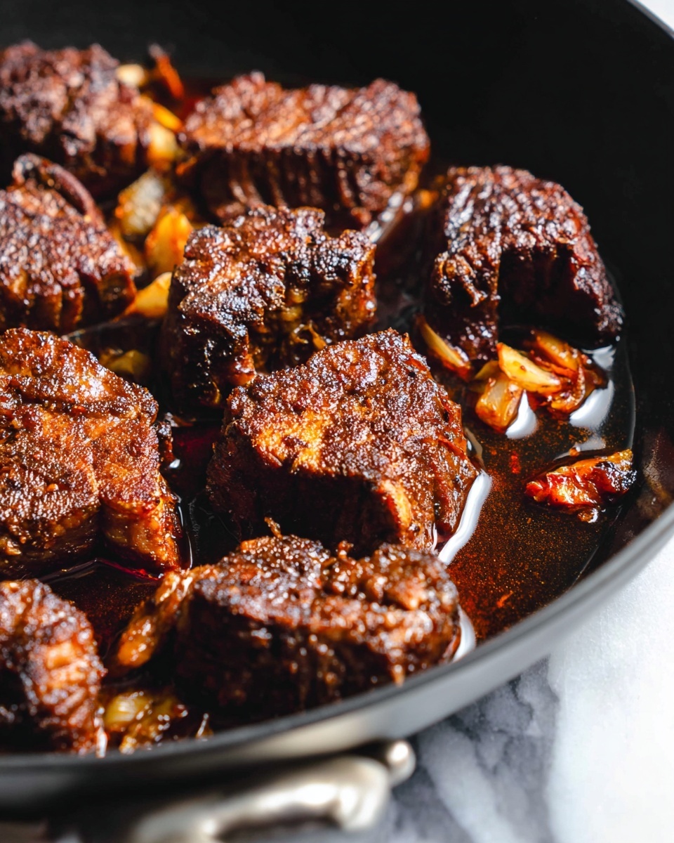 The image shows large, dark brown chunks of cooked meat with a crispy, textured outer layer, sitting closely together in a shallow black pan. The surface of the meat pieces glistens with a shiny sauce that pools slightly around them, reflecting light. Small bits of caramelized ingredients are scattered among the meat pieces, adding color contrast with lighter brown and orange hues. The pan's handle is partially visible and rests on a surface with a white marbled texture. photo taken with an iphone --ar 4:5 --v 7