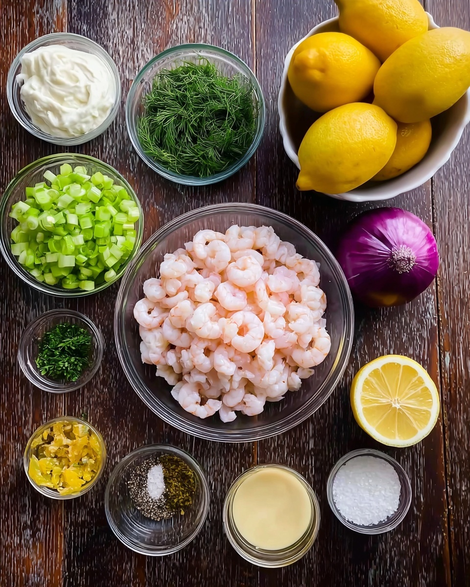 The image shows many small clear glass bowls arranged neatly on a dark wooden surface. In the center is a bowl full of light pink cooked shrimp. Surrounding it are smaller bowls containing chopped green celery, creamy white mayonnaise, finely minced red onion, bright green fresh dill, minced garlic, smooth yellow mustard, coarse salt, black pepper, and a light yellow clear liquid likely lemon juice or oil. Two lemon halves are placed on either side of the bowls, and on the top right corner is a white bowl holding several whole bright yellow lemons. A whole bulb of purple garlic also sits near the lemon on the right. The surface is changed to a white marbled texture. photo taken with an iphone --ar 4:5 --v 7