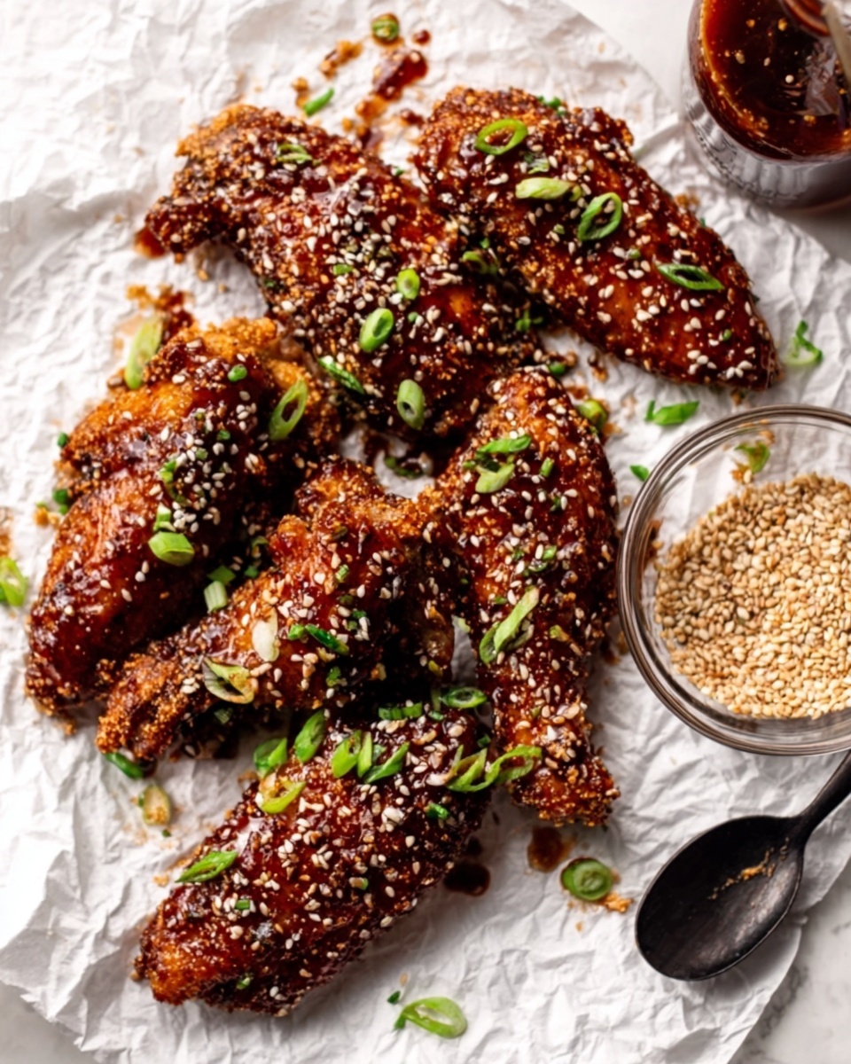 This image shows several pieces of glazed chicken wings placed on crumpled white parchment paper over a white marbled surface. The chicken wings have a shiny, dark brown glaze with a sticky texture. They are sprinkled with white sesame seeds and small chopped green onion pieces, adding spots of light color on the wings. Near the wings, on the right side, there is a small clear glass bowl filled with sesame seeds and part of a dark sauce bottle with a reddish-brown liquid inside. A black spoon rests nearby, partially visible. The overall look is rich and tasty, with a slight gloss on the textured chicken skin. Photo taken with an iphone --ar 4:5 --v 7