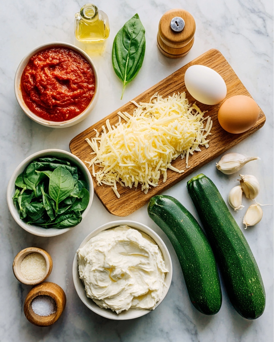 The image shows ingredients for a dish arranged neatly on a white marbled surface. There is a wooden board holding shredded pale yellow cheese, a whole egg, grated light yellow cheese, and two dark green zucchinis placed horizontally side by side. Next to the board, there is a white bowl filled with thick white cream cheese, beside it fresh green basil leaves, a few garlic cloves, a small wooden container of salt and pepper, and a small glass bottle of light yellow olive oil. Above is a small white bowl of red tomato sauce and another white bowl filled with dark green chopped spinach. A woman's hand is not visible in the image. photo taken with an iphone --ar 4:5 --v 7