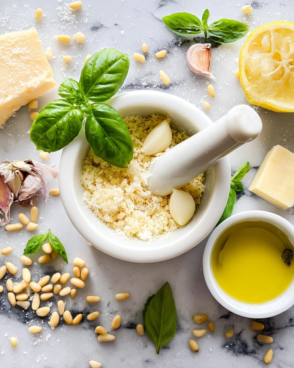A white mortar filled with grated pale yellow cheese forming the base layer, light beige pine nuts spread over one side, and three pale garlic cloves resting inside, topped with two fresh bright green basil leaves. The white pestle leans inside the mortar. Around the mortar, scattered pale beige pine nuts, garlic cloves with purple stripes, chunks of pale yellow cheese, a lemon half with bright yellow flesh, fresh green basil leaves, and a small white bowl filled with golden yellow olive oil sit on a white marbled surface. photo taken with an iphone --ar 4:5 --v 7