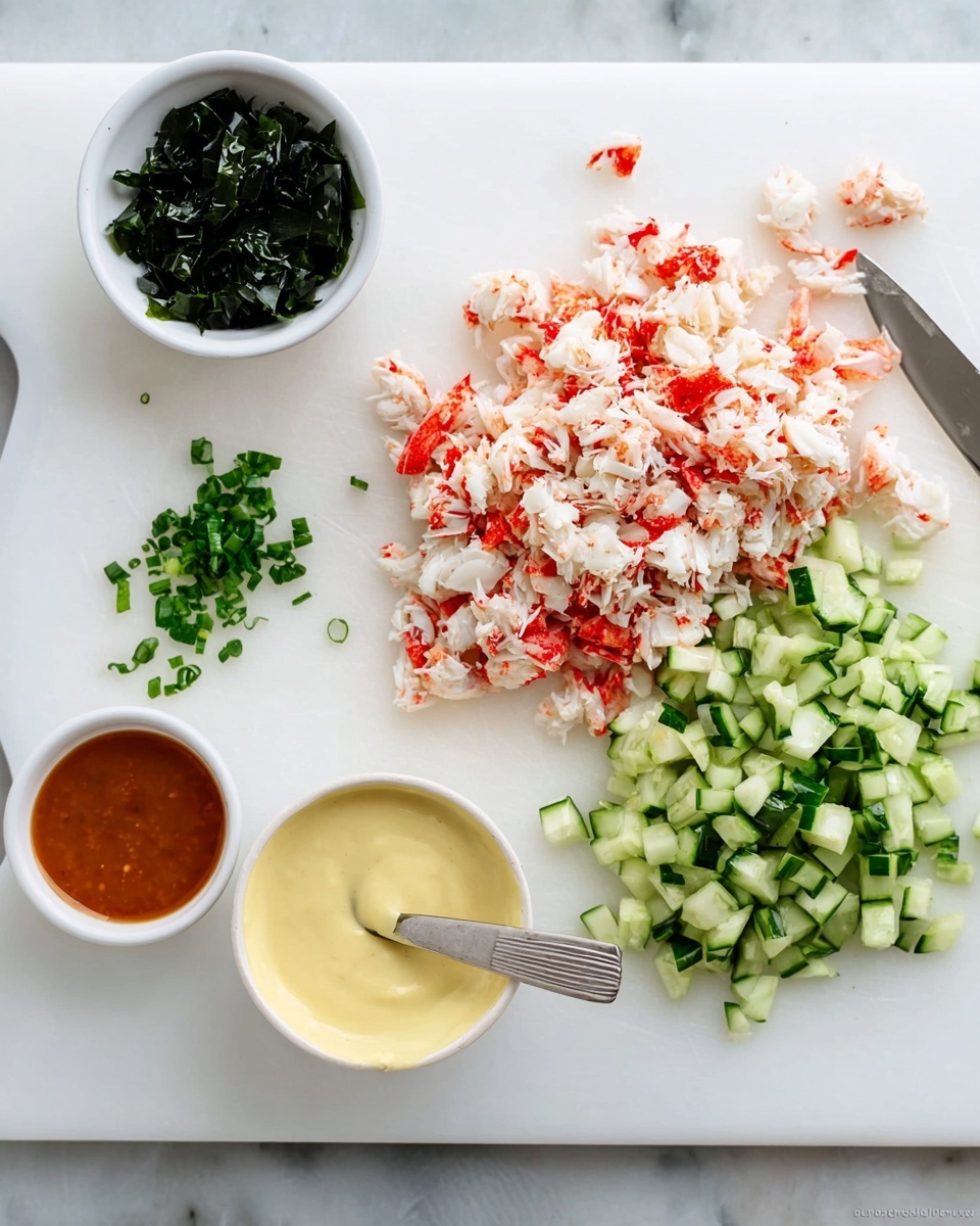 The image shows a white cutting board with four main ingredients arranged in small piles. On the left side, there is a small white bowl with chopped dark green seaweed next to some scattered pieces. In the center, a large pile of finely chopped imitation crab meat in white and red colors forms the biggest group. To the right of the crab meat, there is a pile of finely diced cucumber in light and dark green shades. On the bottom right corner of the cutting board, a white bowl holds two creamy sauces, one light yellow and one brownish-red, with a small spatula resting inside. The cutting board sits on a white marbled surface photo taken with an iphone --ar 4:5 --v 7