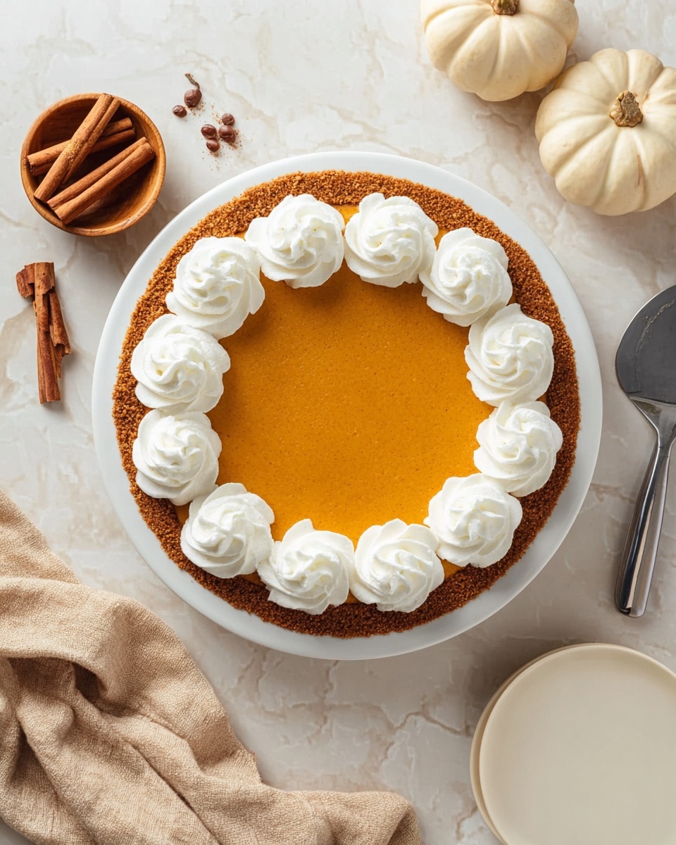 A round pie with a golden-orange smooth filling layered on a crumbly brown crust sits centered on a white plate. On top, eight evenly spaced dollops of white whipped cream form a ring near the edge. The pie rests on a white marbled surface scattered with a few cinnamon sticks and a wooden bowl filled with cinnamon sticks and nutmeg seeds above it. To the right, there is a white pumpkin and a white empty plate in the background. A silver pie server lies near the lower right corner, while a beige cloth is draped loosely on the lower left corner. photo taken with an iphone --ar 4:5 --v 7