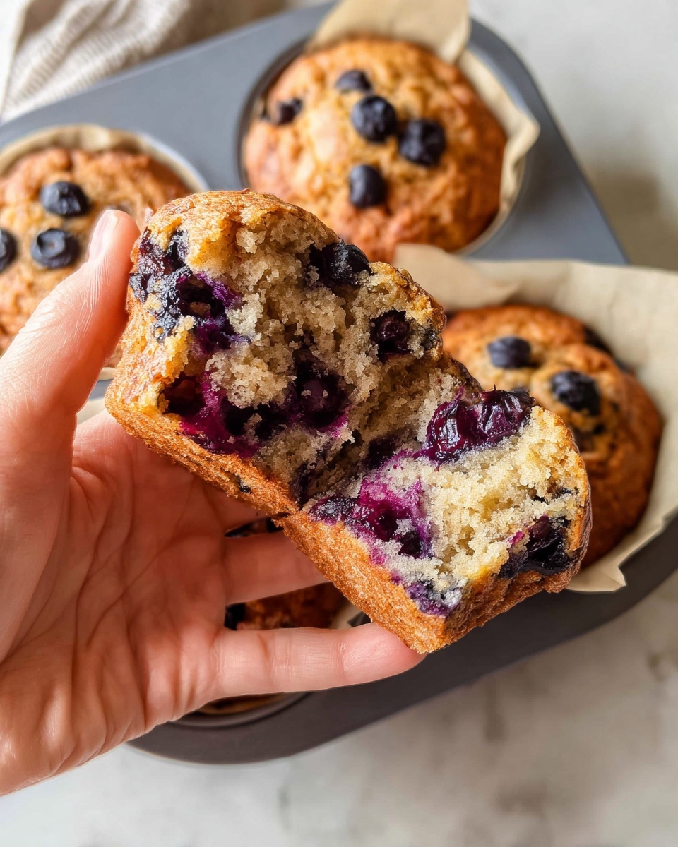 A woman's hand is holding a blueberry muffin broken in half, showing the inside filled with dark purple blueberries scattered throughout the light brown, soft, and spongy texture. The top of each muffin has a golden brown crust with some whole blueberries visible. The muffins are still in a grey muffin tray, lined with light beige baking paper. The background surface is a white marbled texture. Photo taken with an iphone --ar 4:5 --v 7