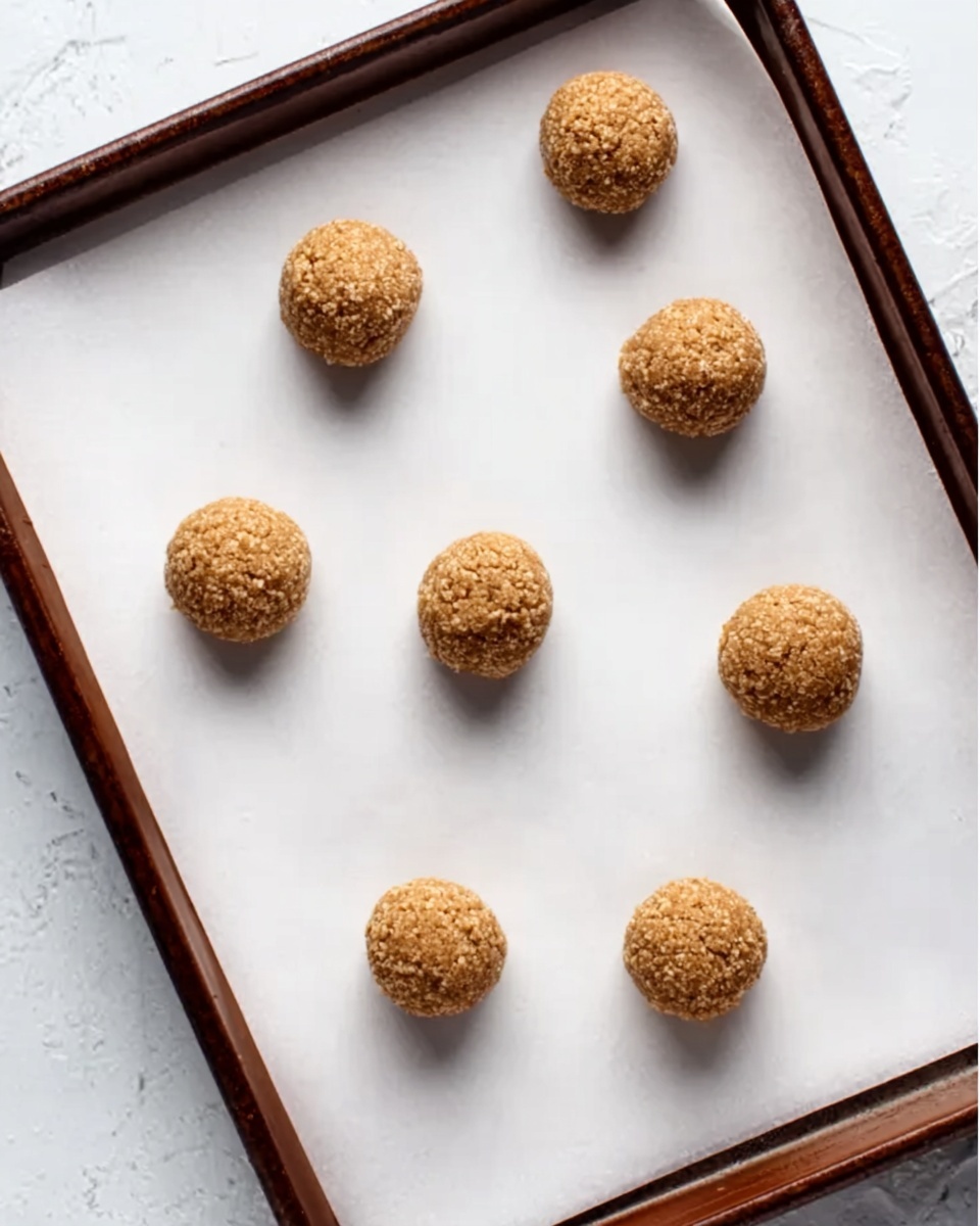 The image shows eight small round cookie dough balls placed evenly on white baking paper inside a white tray with a dark brown edge. The dough balls have a rough texture with a light brown color and are spaced apart in a scattered pattern. The background surface is white with a marbled texture. photo taken with an iphone --ar 4:5 --v 7