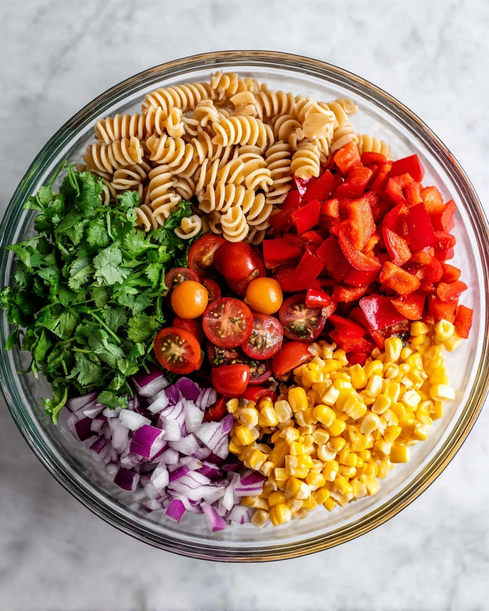 A clear glass bowl sits on a white marbled surface, filled with six separate layers of ingredients arranged side by side without mixing. One layer holds light tan spiral pasta with a smooth texture. Next to it is a bright red section of chopped bell peppers with a shiny, crisp look. Below the peppers are halved cherry tomatoes, showing their juicy red interiors. Adjacent to the tomatoes is a chunk of diced red onions, purple and white with a fresh, sharp texture. Next to the onions is a pile of yellow corn kernels with a slight char. The final section features a bunch of fresh, leafy green cilantro. The colors and textures are clear and vibrant in natural light photo taken with an iphone --ar 4:5 --v 7