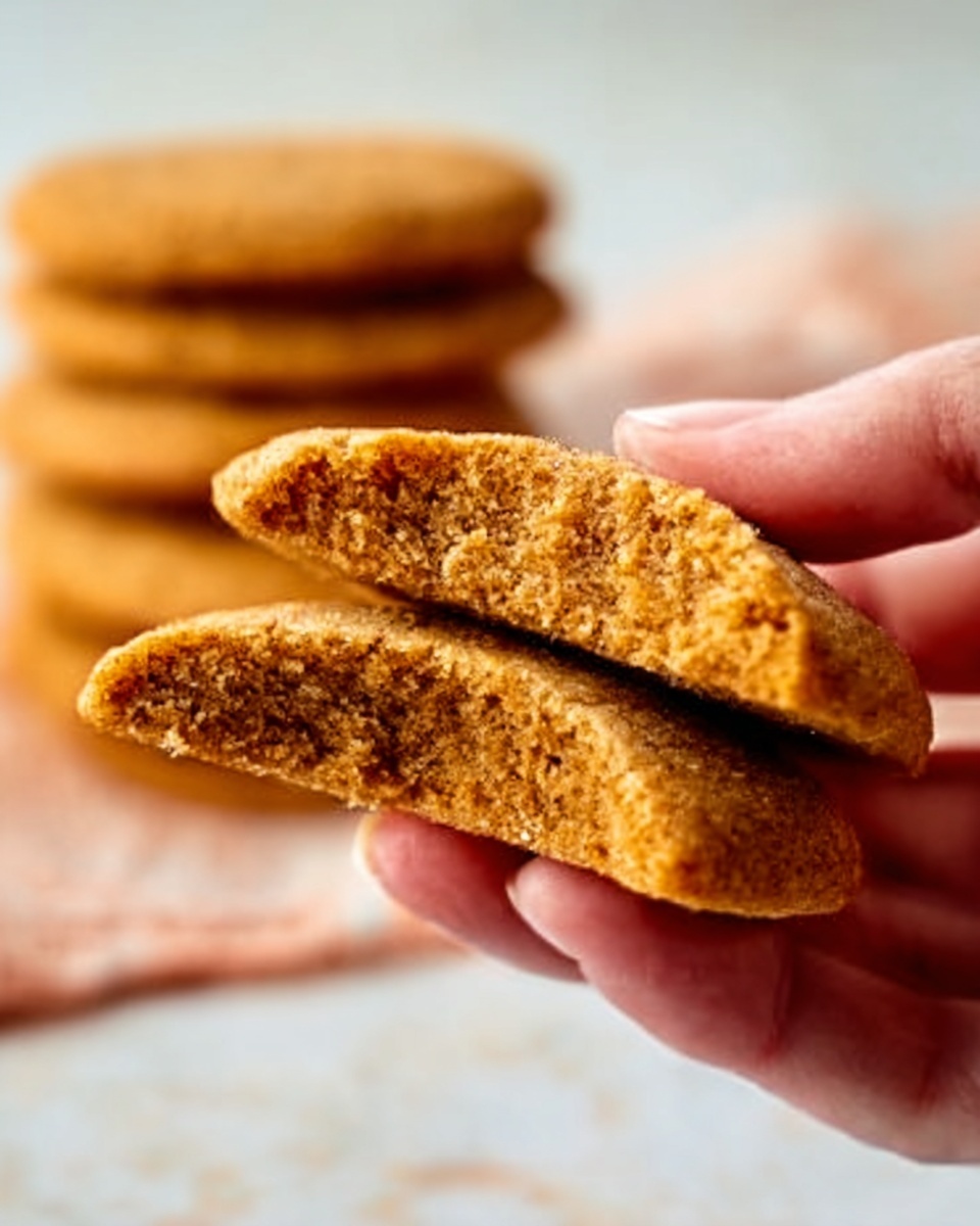 A woman's hand is holding a golden brown cookie broken in half to show its soft, slightly crumbly inner texture with a light brown color. The cookie looks thick and dense, with a smooth, slightly grainy surface. In the background, more similar cookies lie stacked or spread over a white marbled surface, softly blurred to keep the focus on the cookie in the hand. photo taken with an iphone --ar 4:5 --v 7