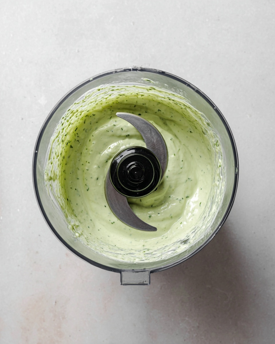 A clear blender container holding a smooth, creamy light green sauce with small green flecks evenly mixed throughout. The sauce covers the blade at the center and clings lightly to the smooth, transparent sides of the container. The container sits on a white marbled surface, and the blade is shiny metal with a black plastic center. The image is taken from above, showing the inside of the container clearly. photo taken with an iphone --ar 4:5 --v 7