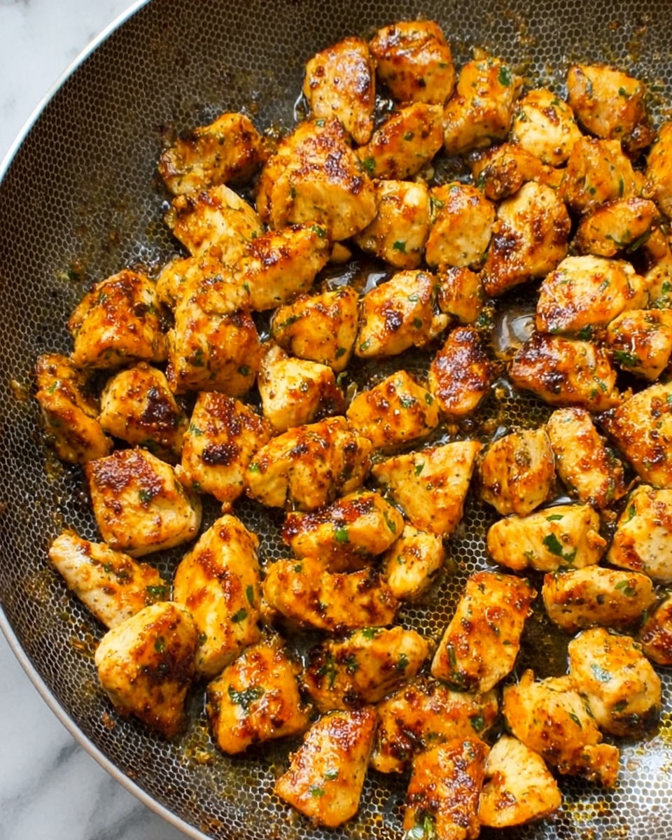 The image shows a close-up of a frying pan filled with many small, cooked chicken pieces. The chicken is golden brown with some darker brown spots and looks juicy and tender. Small bits of green herbs are sprinkled over the chicken, adding a touch of color. The pan has a metal surface with a honeycomb pattern, and there is some oil that makes the chicken glisten. The background is a white marbled texture. Photo taken with an iphone --ar 4:5 --v 7
