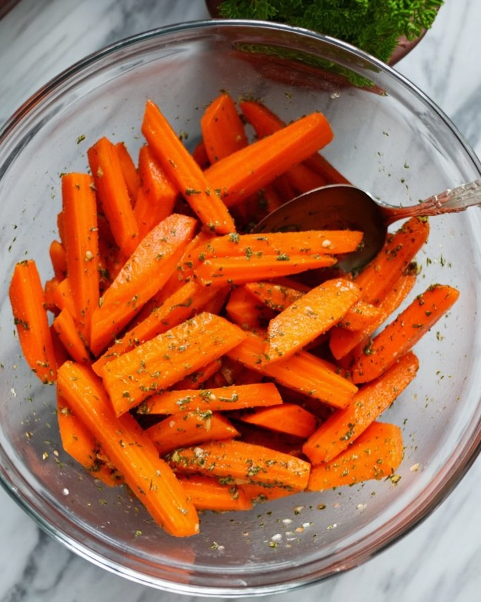 The image shows a clear glass bowl filled with bright orange carrot sticks that are cut into long, even pieces. The carrots are coated with a light layer of green herbs and seasoning, giving them a slightly speckled look. A silver spoon with a simple design is resting inside the bowl on the right side. The bowl is placed on a white marbled surface, and a small green potted plant is visible in the background. photo taken with an iphone --ar 4:5 --v 7