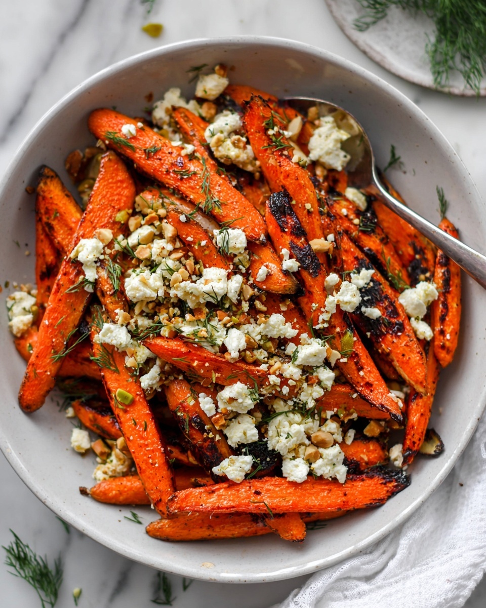 A large white bowl filled with bright orange roasted carrot wedges that have dark grill marks and a slightly crispy texture. The carrots are topped with small crumbles of white cheese and sprinkled with green dill leaves and crushed nuts, adding a mix of soft, crumbly, and crunchy textures. A silver spoon rests on the side inside the bowl. The bowl sits on a white marbled surface with a black and white striped cloth partially visible underneath. In the background, a small white bowl filled with golden honey and a wooden honey dipper sits on the same surface. Photo taken with an iphone --ar 4:5 --v 7