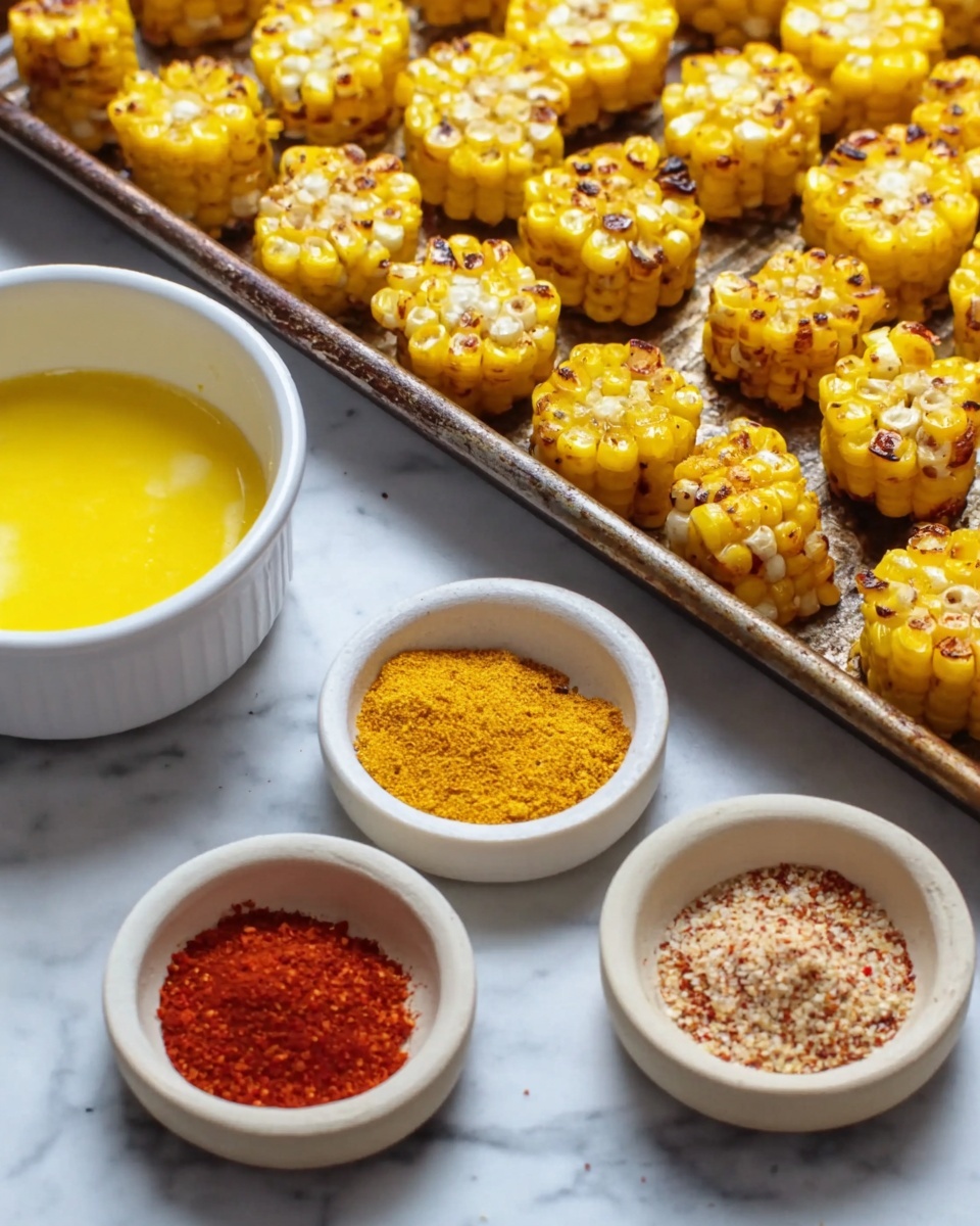 The image shows many small yellow corn pieces with a hint of white, all grilled and lightly browned on top, arranged in rows on a metal baking tray. In the foreground, two white bowls are visible; one holds a bright yellow melted butter sauce, while the other contains three piles of seasoning powders in light beige, bright red, and mixed colors. The background surface is a white marbled texture. photo taken with an iphone --ar 4:5 --v 7