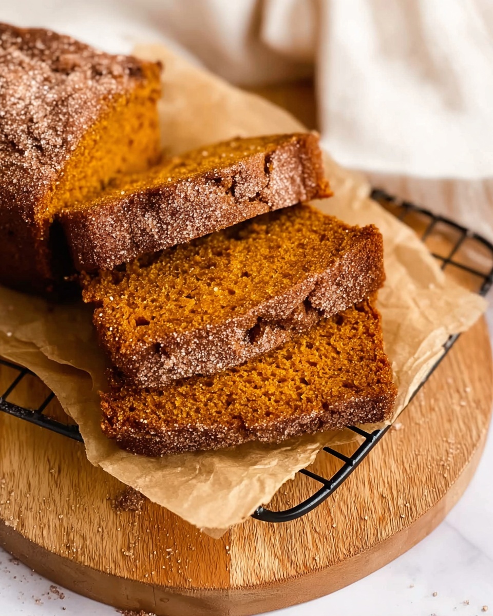 Three slices of moist pumpkin bread rest on a metal wire rack lined with brown parchment paper, placed on a round wooden board. The bread has a warm, orange-brown color with a slightly rough texture and a light sprinkle of cinnamon sugar on top. The background shows a soft white fabric and part of a small pumpkin, all set on a white marbled surface. Photo taken with an iphone --ar 4:5 --v 7