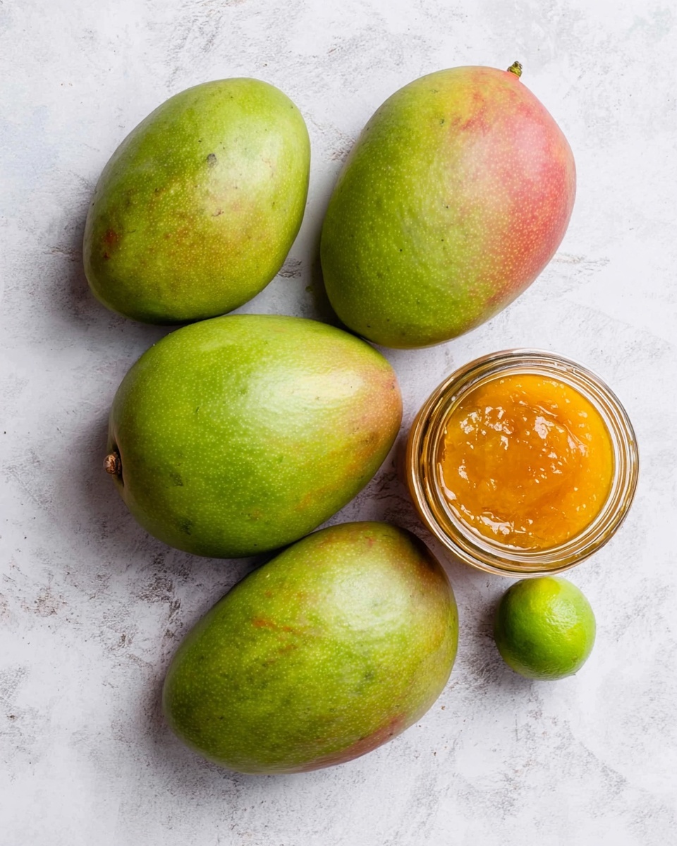 The image shows five green mangoes with some red tint, a small bright green lime, and a small glass jar filled with orange-colored jam or sauce. The fruits and jar are placed on a white marbled surface, with the mangoes arranged loosely around the lime and jar. The mangoes have smooth, slightly shiny skins, and the jar has a thick, textured orange spread inside. photo taken with an iphone --ar 4:5 --v 7