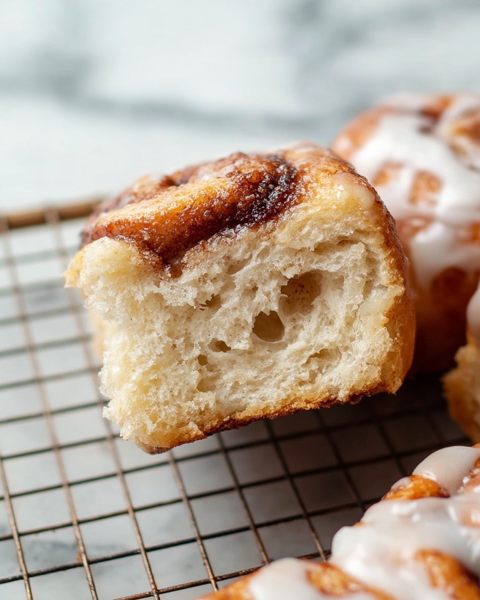 The image shows a close-up of a cinnamon roll piece held above other cinnamon rolls on a cooling rack. The cinnamon roll piece has two layers of light, fluffy dough that are soft and airy with small holes visible inside. Swirls of brown cinnamon filling run between these layers, creating a marbled effect. The top of the piece is golden brown with a slightly crispy texture. Below it, the cinnamon rolls on the rack are covered in a white icing glaze that looks smooth and creamy, slightly dripping down the sides. The background features a white marbled surface. Photo taken with an iphone --ar 4:5 --v 7