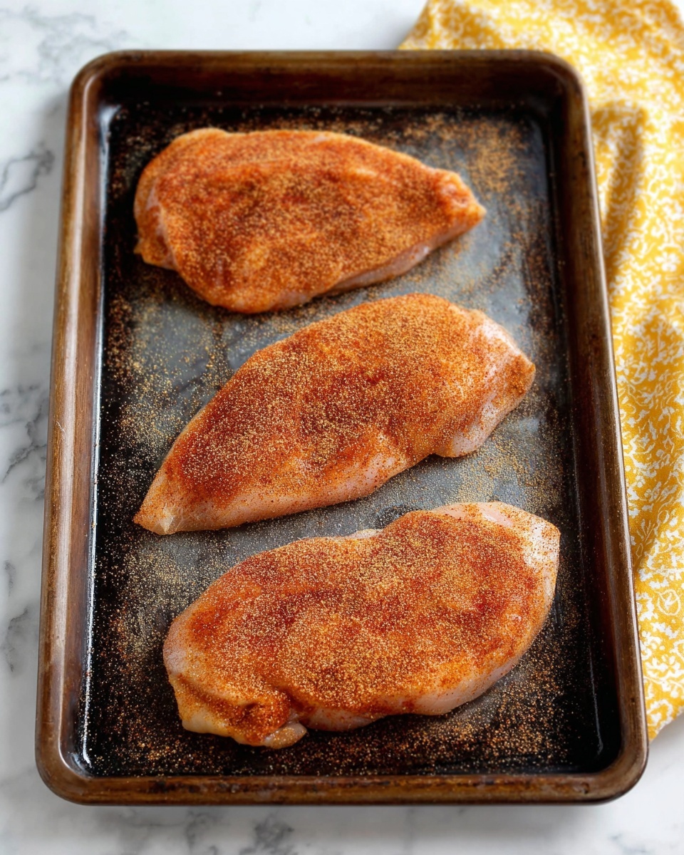 Three pieces of raw chicken on a dark metal baking tray, each piece evenly coated with a layer of reddish-brown seasoning and a thin dusting of fine, light brown spice mix. The tray shows signs of previous use with dark marks and scratches. A yellow and white patterned cloth is partially visible at the top right corner, and the tray rests on a white marbled surface. photo taken with an iphone --ar 4:5 --v 7