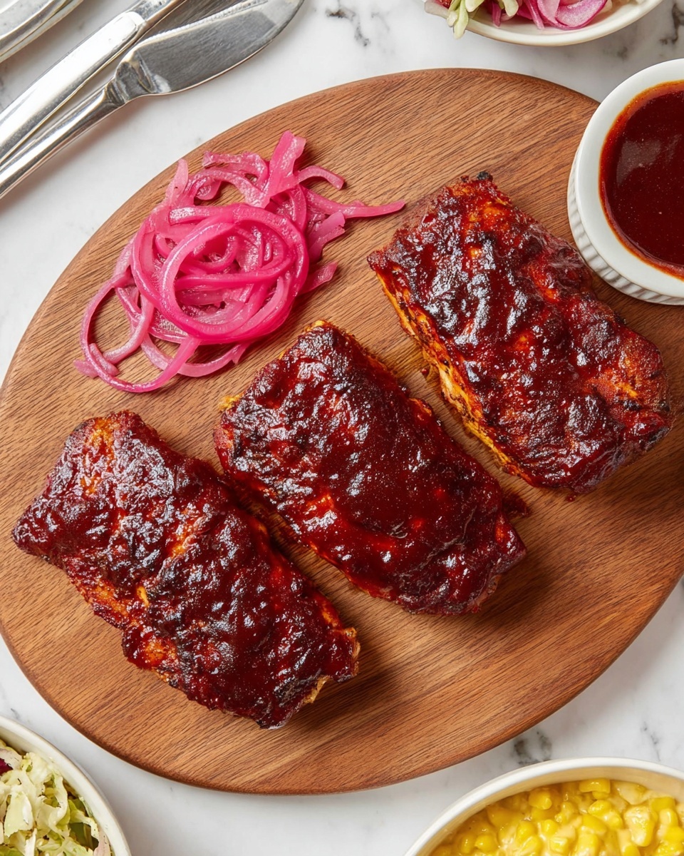 The image shows three pieces of grilled meat covered in a shiny dark red sauce, arranged on a round wooden board. Each piece has a rich, slightly charred texture indicating it is well cooked. To the left of the meat, there are thinly sliced bright pink pickled onions. On the right edge of the board is a small white bowl filled with more of the glossy dark red sauce and a spoon inside it. Above the board, a silver fork and knife rest on a white marbled surface. In the lower part of the image, there is a glimpse of creamy mashed yellow corn and a pale creamy salad in white bowls. Photo taken with an iphone --ar 4:5 --v 7