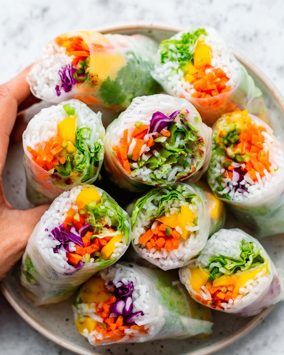 The image shows fresh spring rolls wrapped in translucent rice paper, revealing bright layers inside. Each roll is filled with white rice, vibrant orange carrot strips, green lettuce, yellow mango, and some purple cabbage, all tightly packed in neat layers. The rolls rest on a white plate, set against a white marbled surface, with a woman's hand gently holding one roll. The textures vary from soft and sticky rice to crunchy fresh vegetables. photo taken with an iphone --ar 4:5 --v 7
