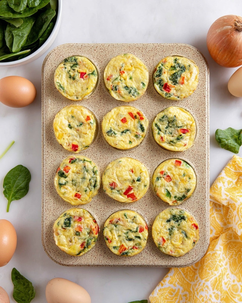 The image shows four round egg muffins placed on a white plate with a fork beside them. Each egg muffin has a bright yellow base mixed with green spinach pieces and small red bell pepper chunks scattered throughout. The muffins have a soft, slightly fluffy texture with visible vegetable pieces embedded inside. There are small bits of spinach and red bell pepper also scattered around the plate. The plate is set on a white marbled surface, with fresh spinach leaves placed near the plate's edge. Photo taken with an iphone --ar 4:5 --v 7