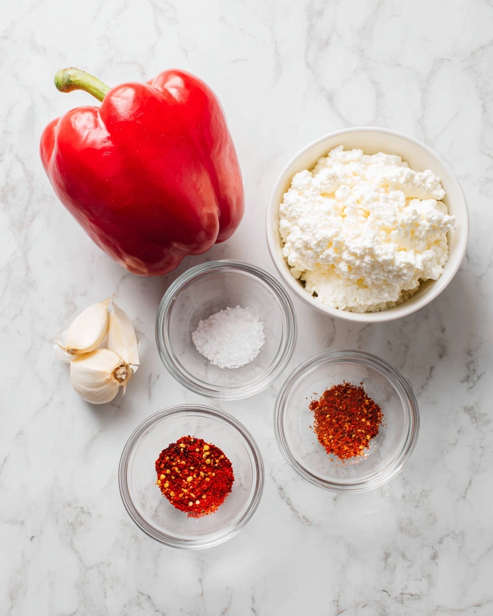 A large shiny red bell pepper sits on a white marbled surface next to a white bowl filled with white cottage cheese that has a soft, lumpy texture. Around them are four small clear glass bowls: one holds a peeled garlic clove, one has coarse white salt, one contains red chili flakes with yellow seeds, and another has bright red paprika powder mixed with salt. The arrangement is simple and clean on the white marbled background. photo taken with an iphone --ar 4:5 --v 7