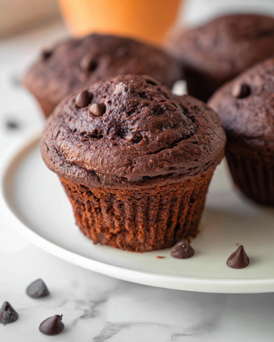 A close-up view of a dark brown chocolate muffin with a slightly cracked top, speckled with a few chocolate chips embedded in and on the surface; the muffin rests on a white plate with three chocolate chips scattered nearby. The muffin has a soft, dense texture and is surrounded by other similar muffins on the white plate. The background shows a blurred orange object and a white marbled surface. Photo taken with an iphone --ar 4:5 --v 7